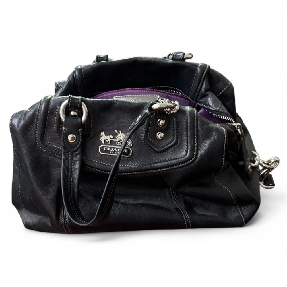 Coach Black Leather Satchel with Purple Lining
